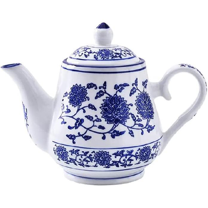 123Arts Blue and White Ceramic Small Tea Pot Retro Flower Teapot Water Pot Coffee Pot with Lid, 500ml,16.5oz