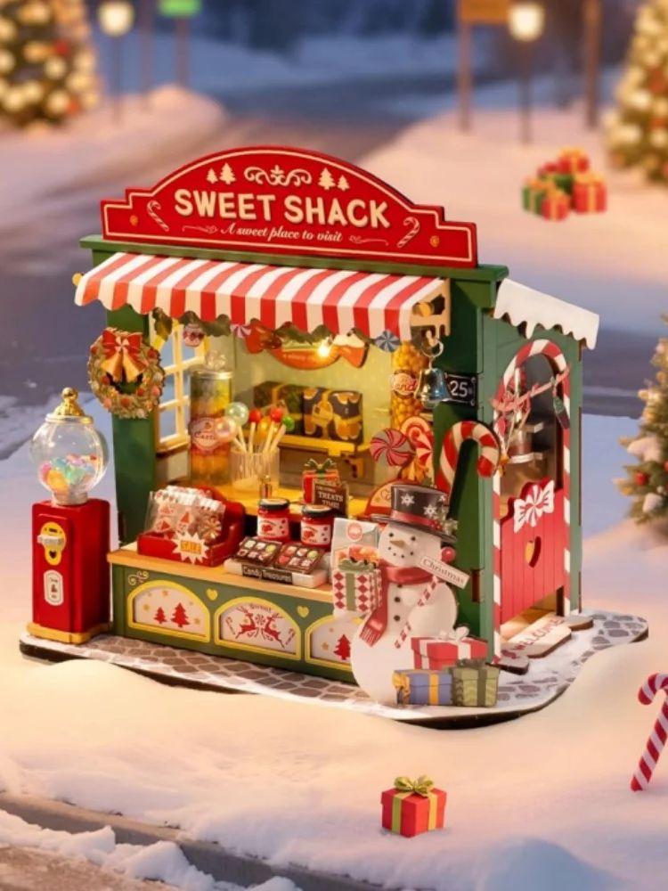 

Robotime Rolife Miniature House Kit Christmas Candy Stall 170-Piece Model Kit Dolls House 3D Puzzle Mini House Christmas Decor