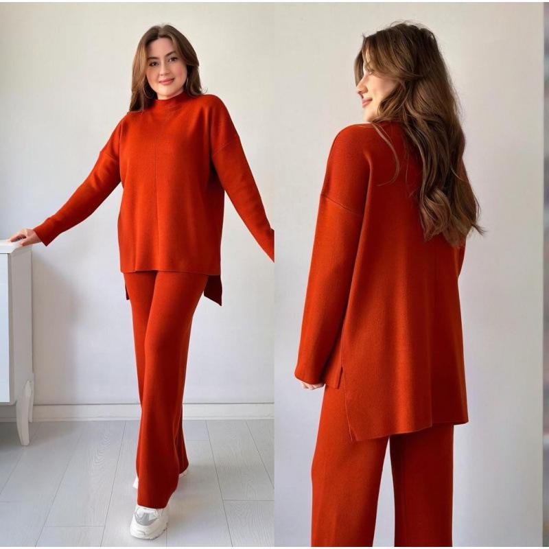 Autumn/Winter Semi-Turtleneck Solid Color Split Top and Pants Set
