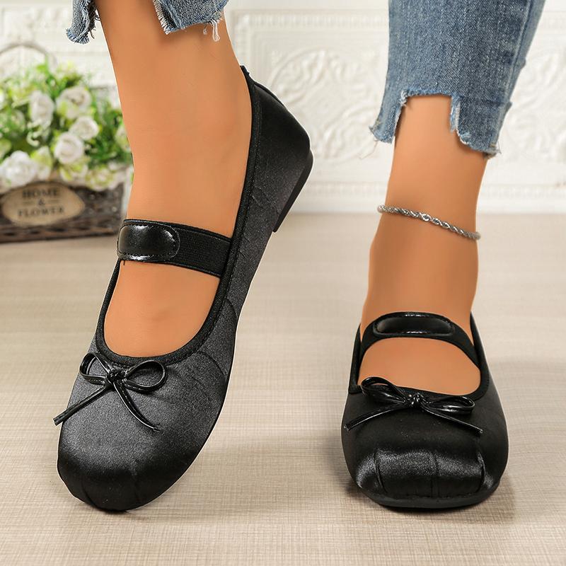 Fashion Women's Pink Mary Jane Ballet Flats with Bow Soft Satin Slip On Dress Shoes Woman Lightweight Comfortable Casual Shoes Plus Size