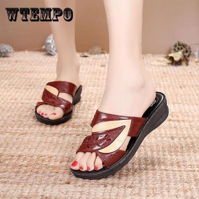 Women's Wedges Leather Slippers Artificial Soft Leather Comfortable Lightweight Casual Slippers Summer