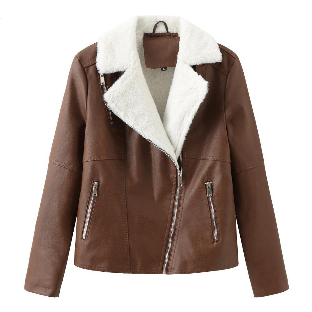 Dámské bundy Umělá kůže Ustřižená klopa Límec Flanelová podšívka Teplý Krátký kabát PU Bomber Moto Biker Outfity Zimní Podzim Módní Outwear
