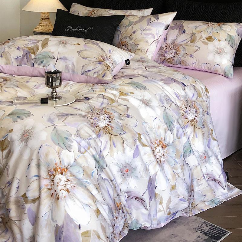 French Pastoral Oil Painting Style 100S Pure Cotton Satin Long-Staple Cotton Four-Piece Digital Printing Bedding