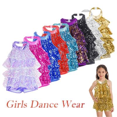 Kids Shiny Sequins Gymnastics Shorty Unitards Dress Girls Ballet Leotard Latin Jazz Dance Costume
