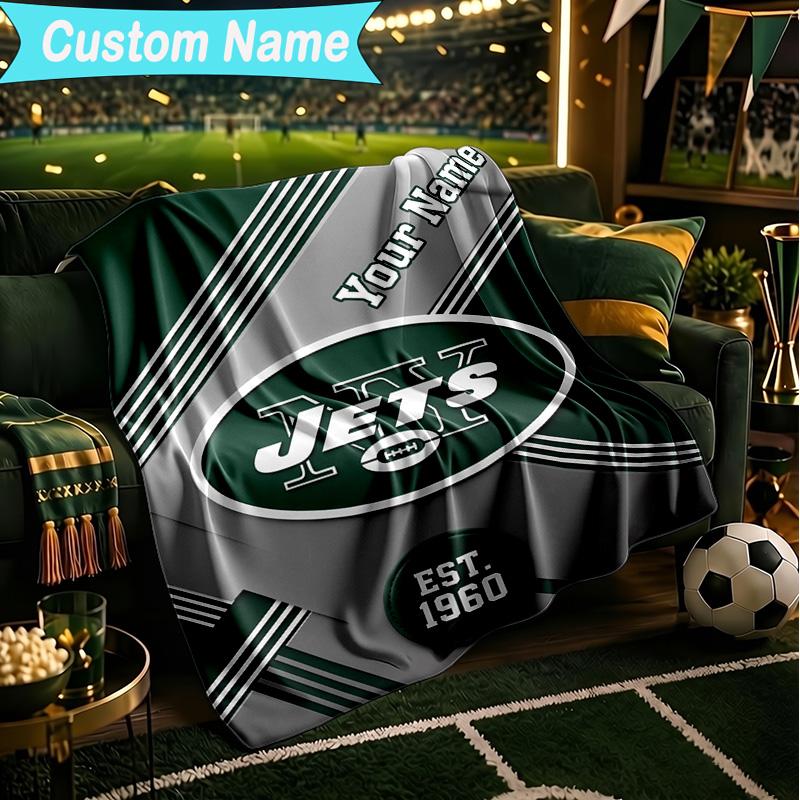 1PC Custom Name Blanket Jets Football Flannel Blankets Patterns Throw Blanket All-Season Soft Gift for Couch, Bed, Camping, Birthday Gifts