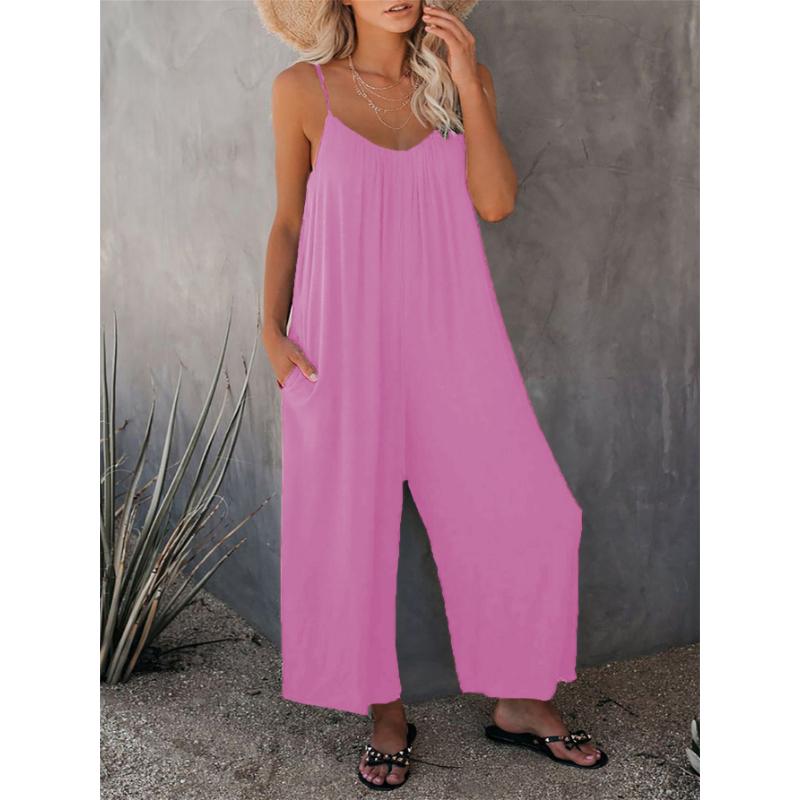 Women's V-Neck Spaghetti Strap Rompers Loose Wide Leg Long Jumpsuit With Pockets