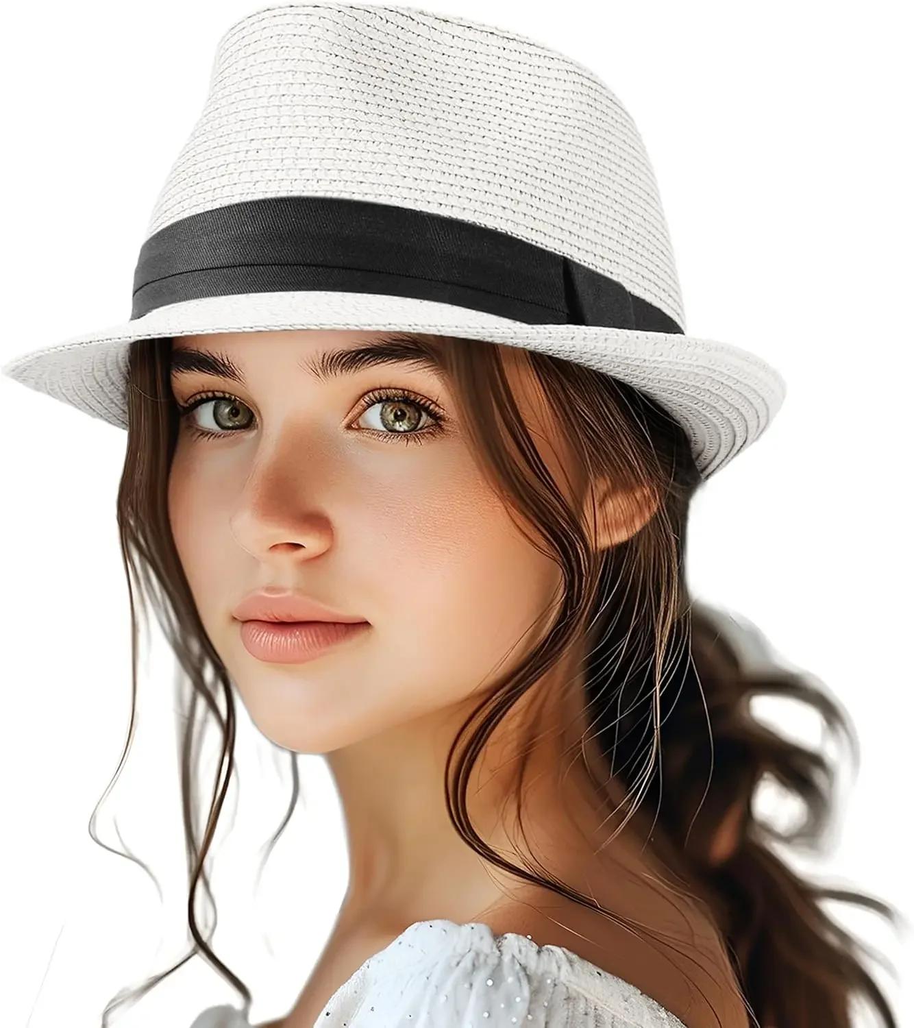 

Straw Fedora Hat for Women Men Packable Short Brim Roll Up Trilby Hat Panama Summer Beach Sun Hat UPF 50+ 56-56CM белый