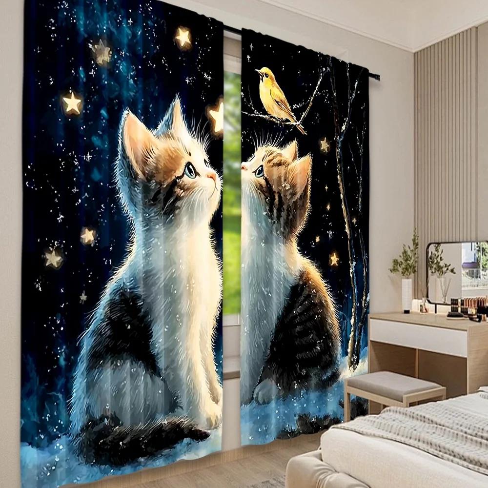 Set Of 2 Flat Printing Window Curtains Starlit Cat Wonder Digital Printed Polyester Drapes Party Decorations Use Home Wall Curtain