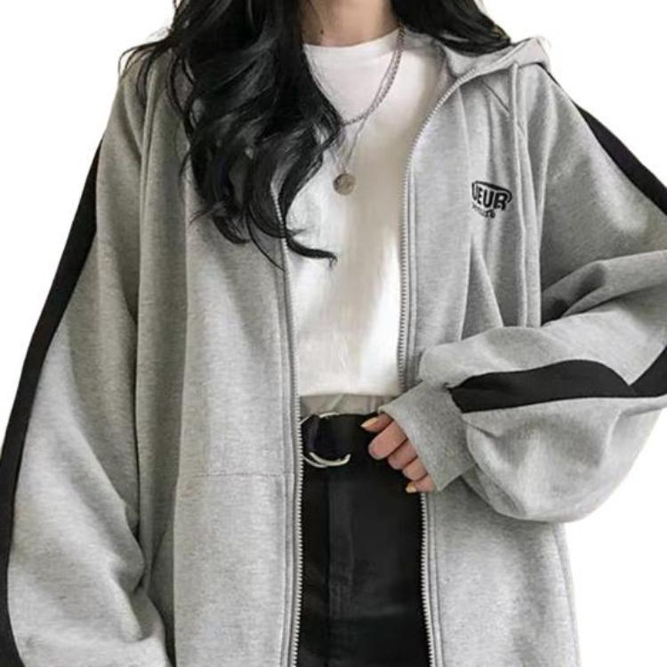 Women Loose Casual Hoodie Coat Cardigan with Zipper Long Sleeves Contrast Color Hooded Soft Warm Outerwear for Spring