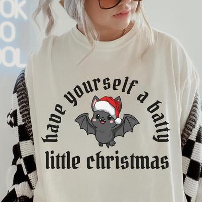 Comfort Colors Batty Little Christmas Shirt and Kids Tshirt: Goth Cartoon Santa Bat Tee