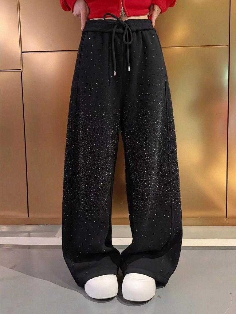 2026 Spring Red Rhinestone Baby's Breath Slimming Plus Velvet Wide Leg Cropped Pants