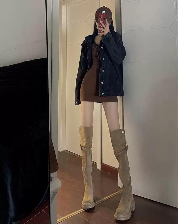 Small inner height increase over the knee long boots Children Maillard autumn and winter thick-soled two wear folded long boots