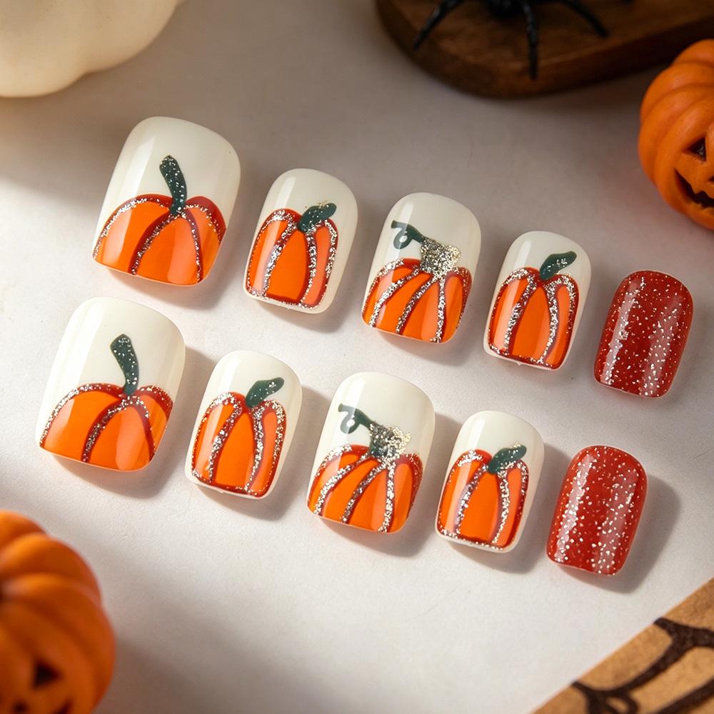 24-Piece Halloween Pumpkin Glitter Short Square Nails - Wearable, Simple Whitening Manicure, Removable