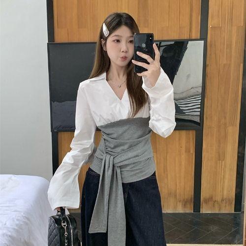 

Женская рубашка с V-образным вырезом, имитацией двойки, длинными рукавами, цветными блоками, ремешком, приталенного дизайна, топ в корейском стиле, повседневная, стройнящая L