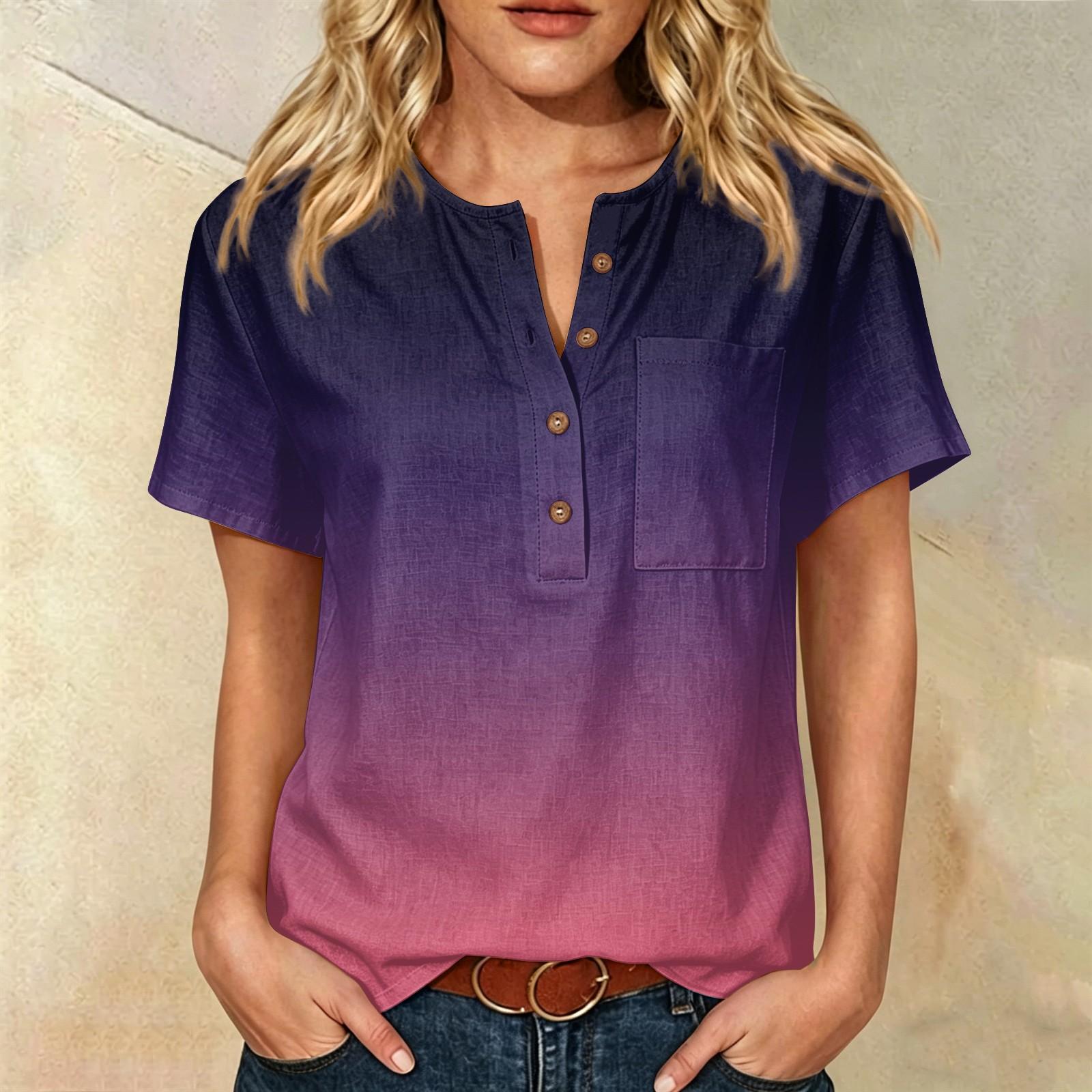 

Women’s Fashion Printed Henley Button Neck Short Sleeve Cotton Linen Shirt with Chest Pocket Gradient Design Loose Fit Top XL