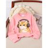 European Sizes Girls Soft Crewneck Sweatshirt Cute Cat Wearing Headphones Blowing Bubble Gum, Casual All-Match, Ideal Holiday Present