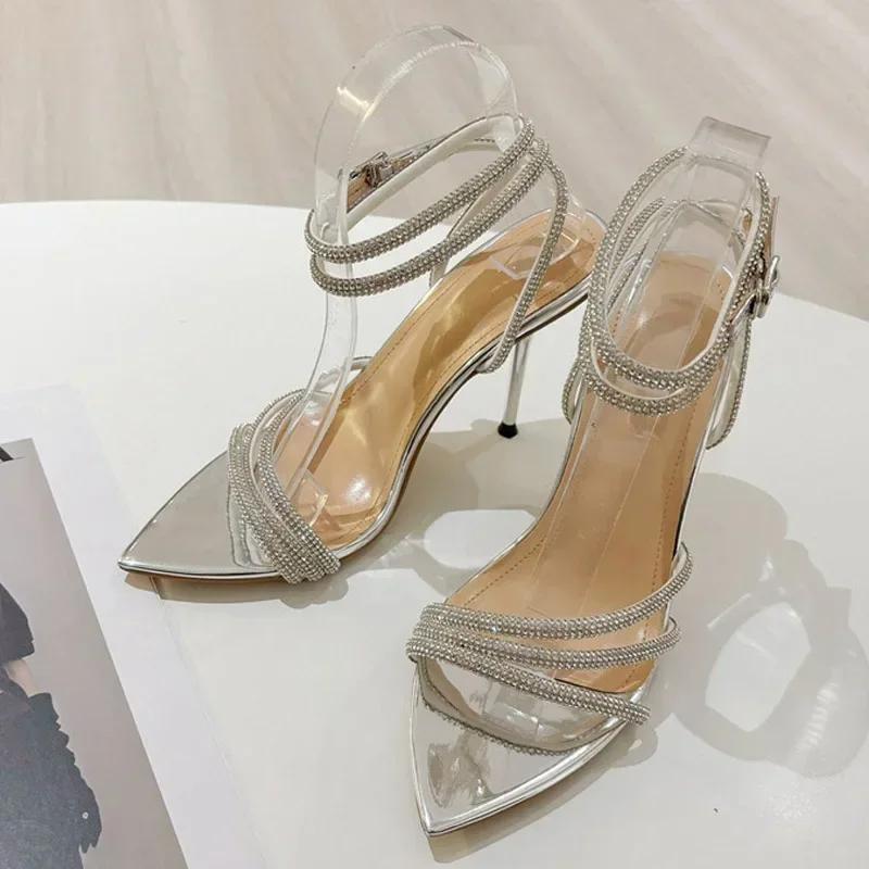 Fashion Sexy Pointed Toe Rhinestone High Heels Women Luxury Glitter Crystal Ankle Strap Sandals Elegant Wedding Prom Shoes Size 35-41