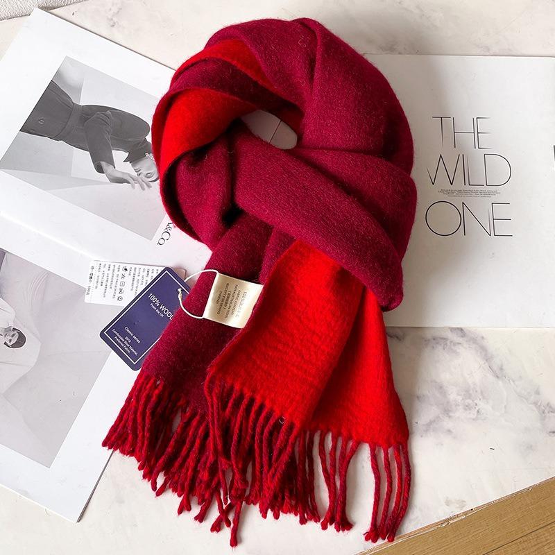 Burgundy scarf women's autumn and winter versatile double-sided pure wool thickened shawl with coat