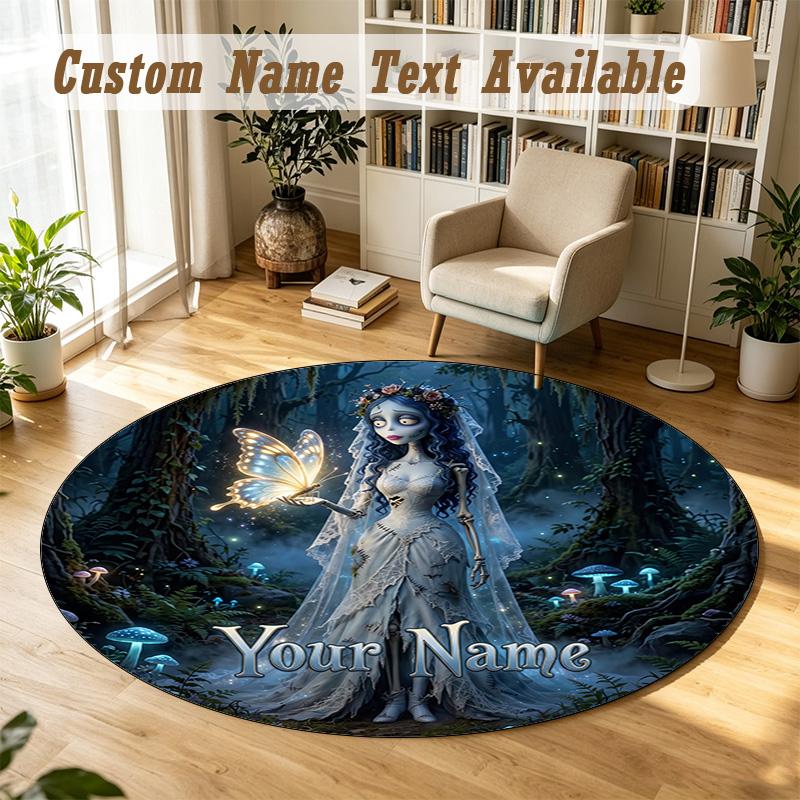 Corpse Bride Emily Victor Personalized Round Rug Support Custom Name, Soft Home Decor Mat
