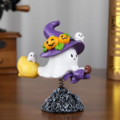 Yousheng Halloween Ghost Figurine Cute Flying Ghost On Broom with Spring Resin Small Ghost Sculpture Tabletop Decoration for Living Room Entryway