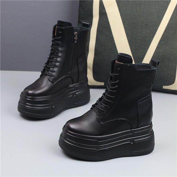 

Модные женские ботинки большого размера 42 на толстой подошве, короткие ботинки на шнуровке, на танкетке, 2025, из натуральной кожи, на высоком каблуке, ботинки на толстой подошве 42 чёрный