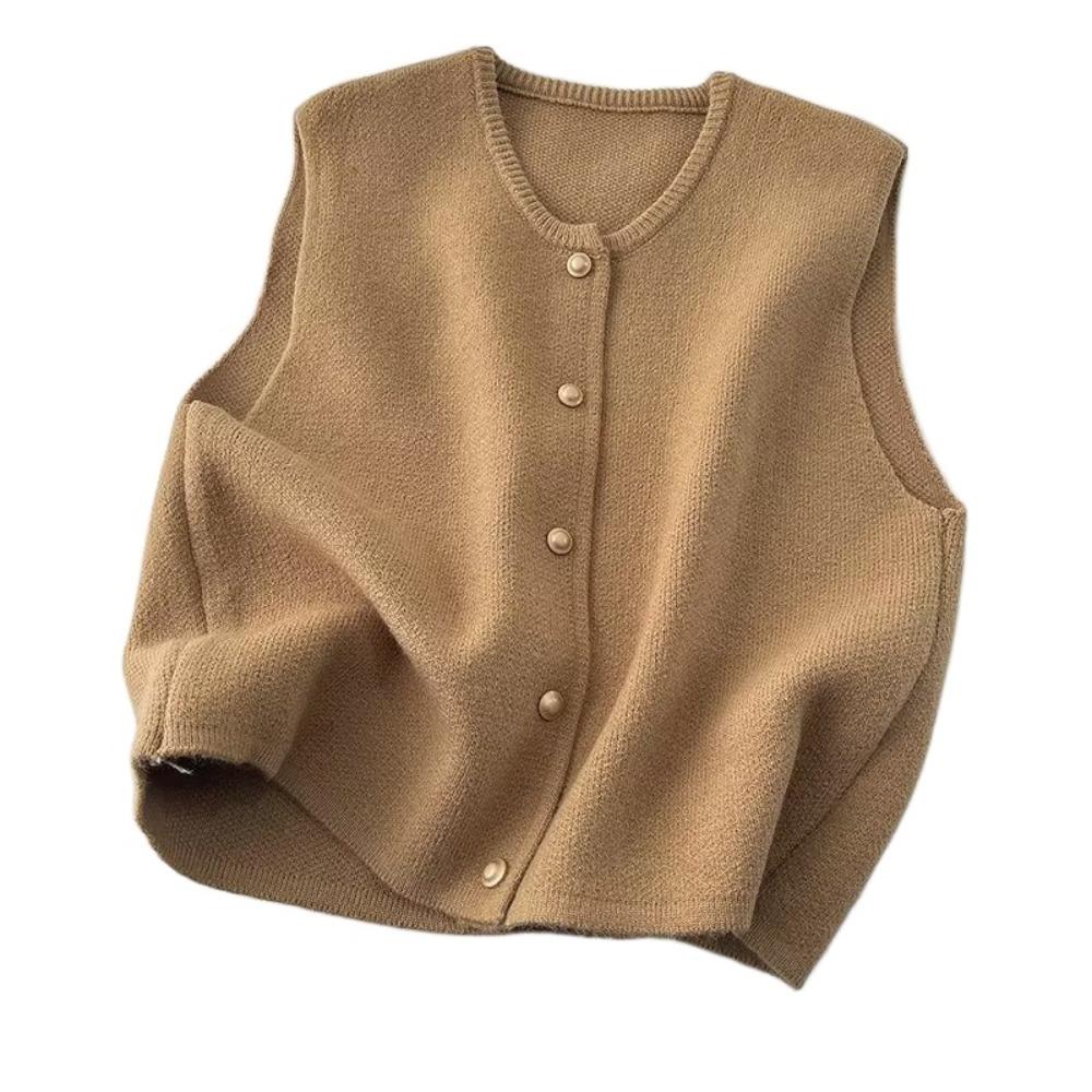Round Neck Sleeveless Sweater Single Breasted Knitwear Women Knitted Waistcoat Top  Streetwear L хаки
