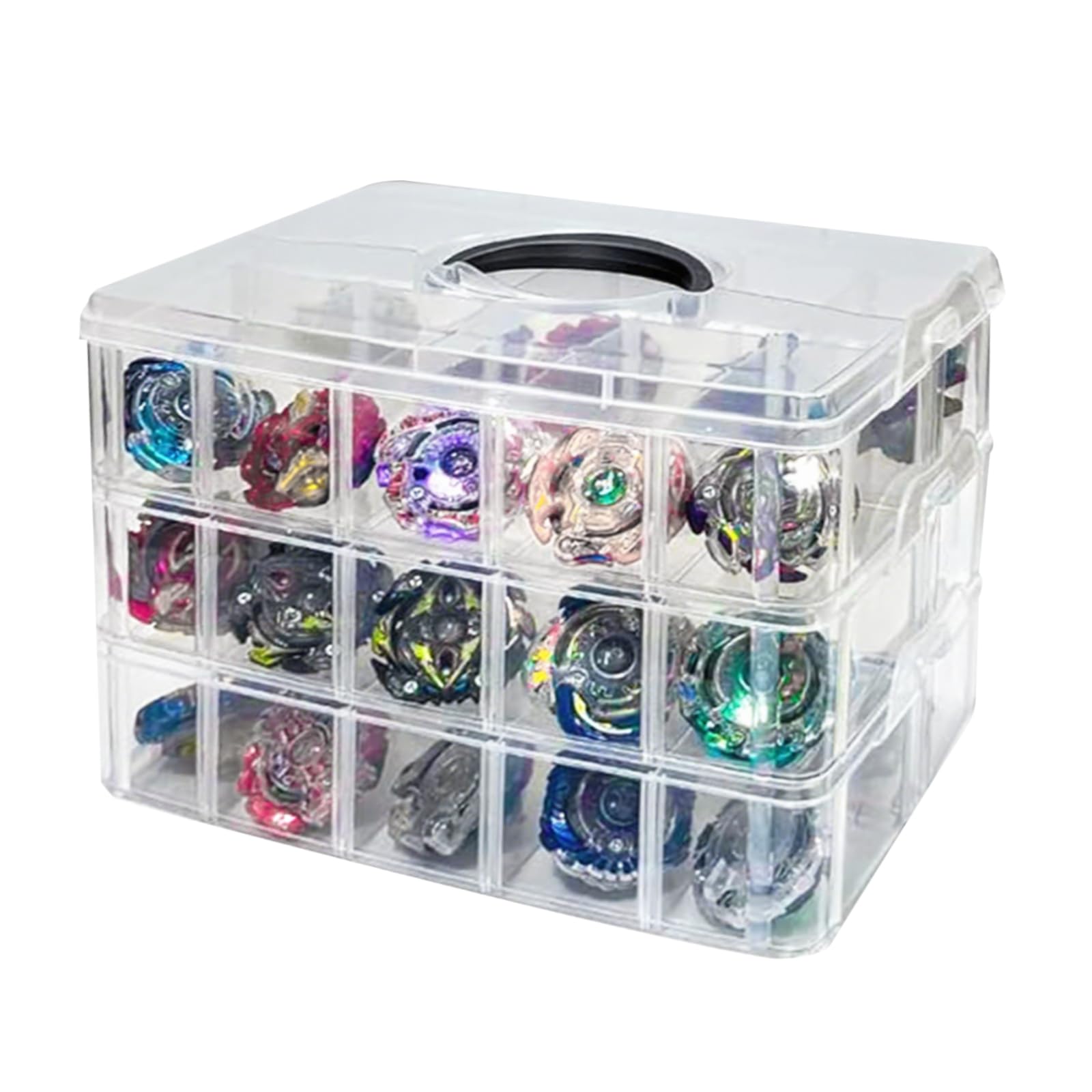 

koundeneko Beyblade Case, Holds 30 Beyblades, Clear Dividers, Removable Parts Organizer, 3 Tiers, Large Capacity Storage Box with Handle, Easy to Carr