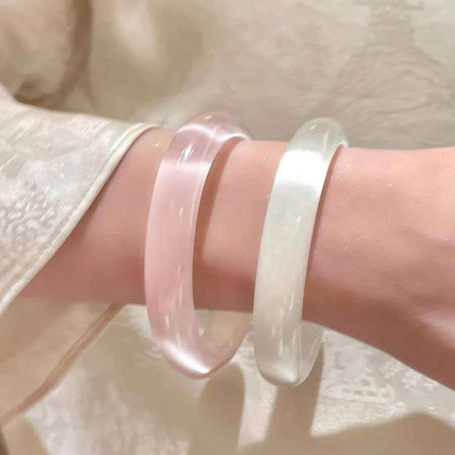 White Moonlight Bracelet: High-Ice Translucent Jade Chalcedony with Lychee Jelly Effect and Cat's Eye Stone
