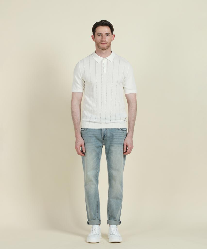 PANICALE Ivory Striped Short-Sleeve Polo Knit