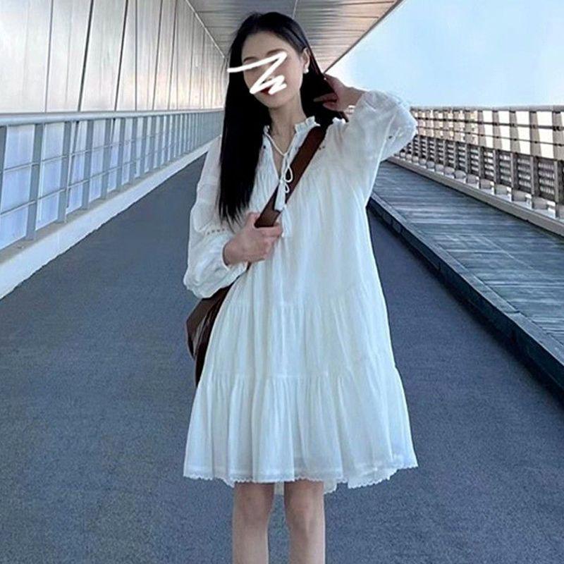 Women's French White Puff Sleeve Shirt Dress - Petite & Tall, Long Sleeve, Spring/Autumn Holiday Style