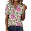Women's Casual Floral Print V-Neck Short Sleeve T-Shirt Top with Decorative Buttons for Everyday Wear