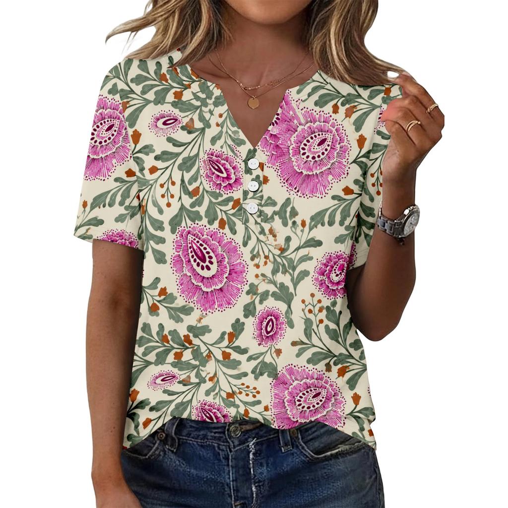 Women's Casual Floral Print V-Neck Short Sleeve T-Shirt Top with Decorative Buttons for Everyday Wear