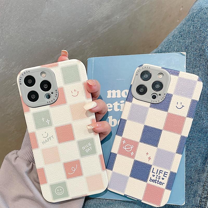 Fashion Plaid Cartoon Smiling Face Phone Case For Iphone 13 12 11 Pro Max X Xr 7 8 Plus Xs Max Back Cover Cute Soft Cases