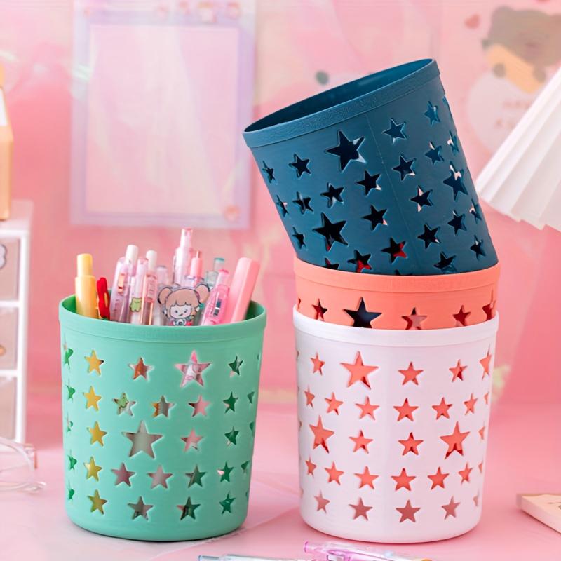 Hollow Star Plastic Pen Holders - Round Desktop Organizers with Cute Animal & Star Designs, Ideal for Office & Art Supplies