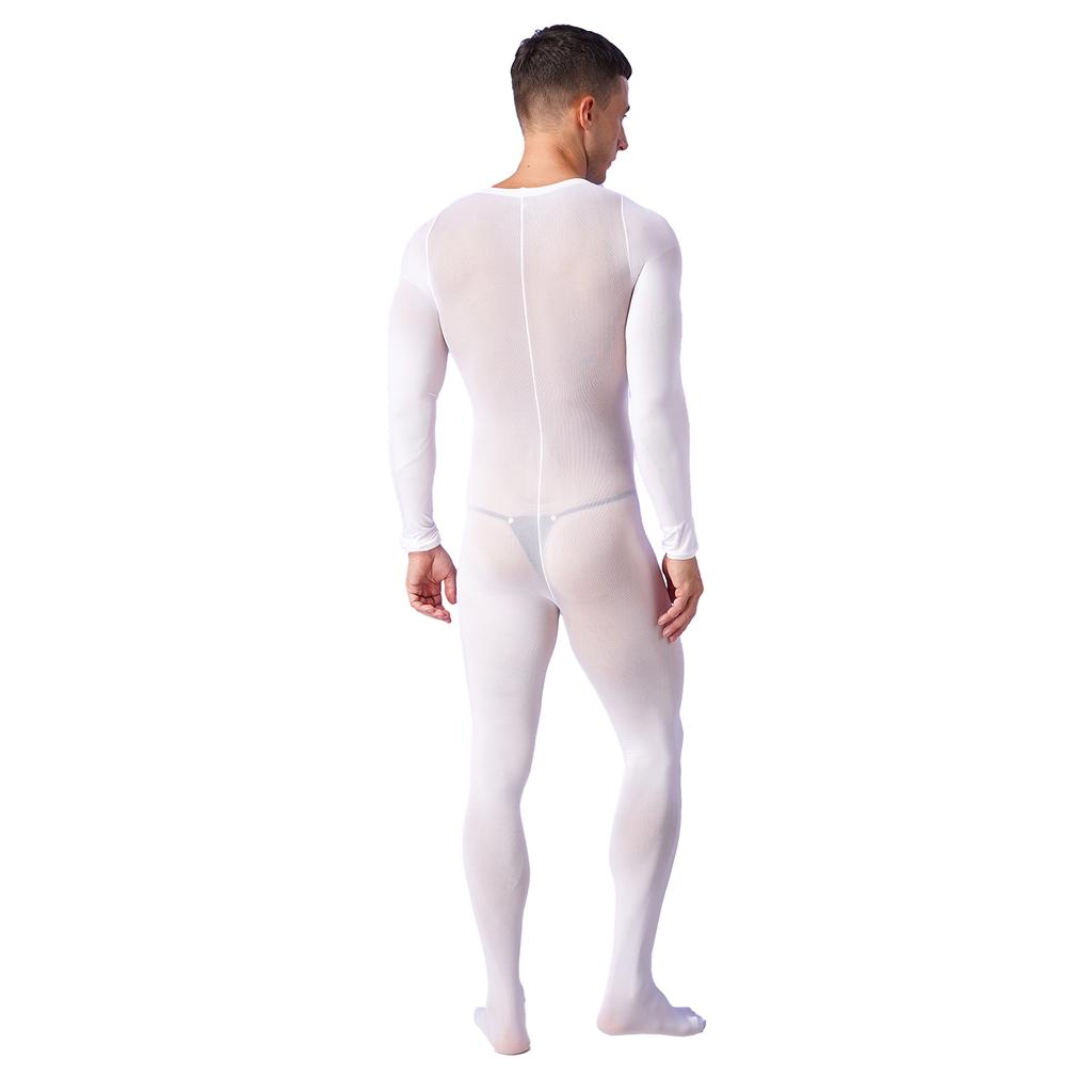 Mens Solid Color Bodystocking Long Sleeve Stretchy Bodysuit with Bulge Pouch Nightwear Underwear