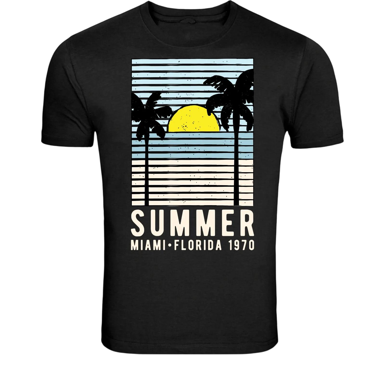 Summer Miami Florida 1970 T-Shirt - Retro Beach Sunset Palm Trees L