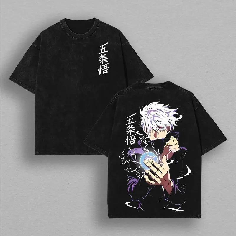 

Футболка с принтом Годжо Сатору Аниме Jujutsu Kaisen Одежда Мужская Женская Футболки с коротким рукавом Ретро Выстиранная футболка Харадзюку Хлопковые топы S чёрный
