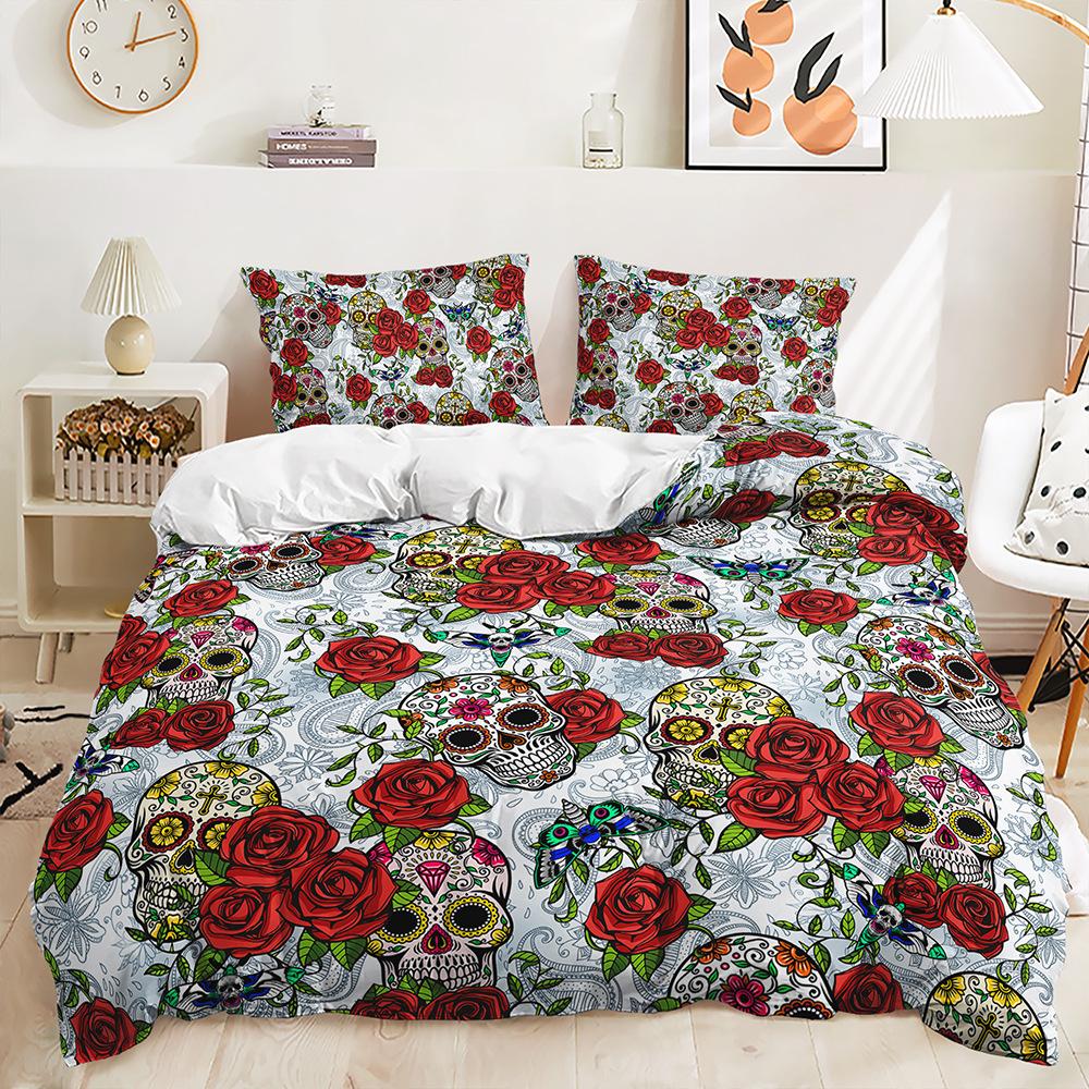 Three-Piece 3D Quilt Cover Rose Skull Dark Wind Kit Bedding