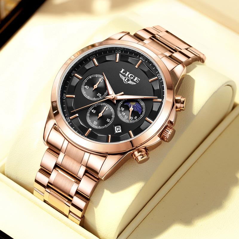 LIGE Business Watches Mens Top Brand Luxury Quartz Wristwatch 3Bar Waterproof Chronograph Luminous Watch for Gentleman Gift+Box