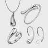 Elegant Retro Silver Jewelry Set: Teardrop Earrings, Wide Bracelet, Necklace, Ring, Oval Earrings for Women.