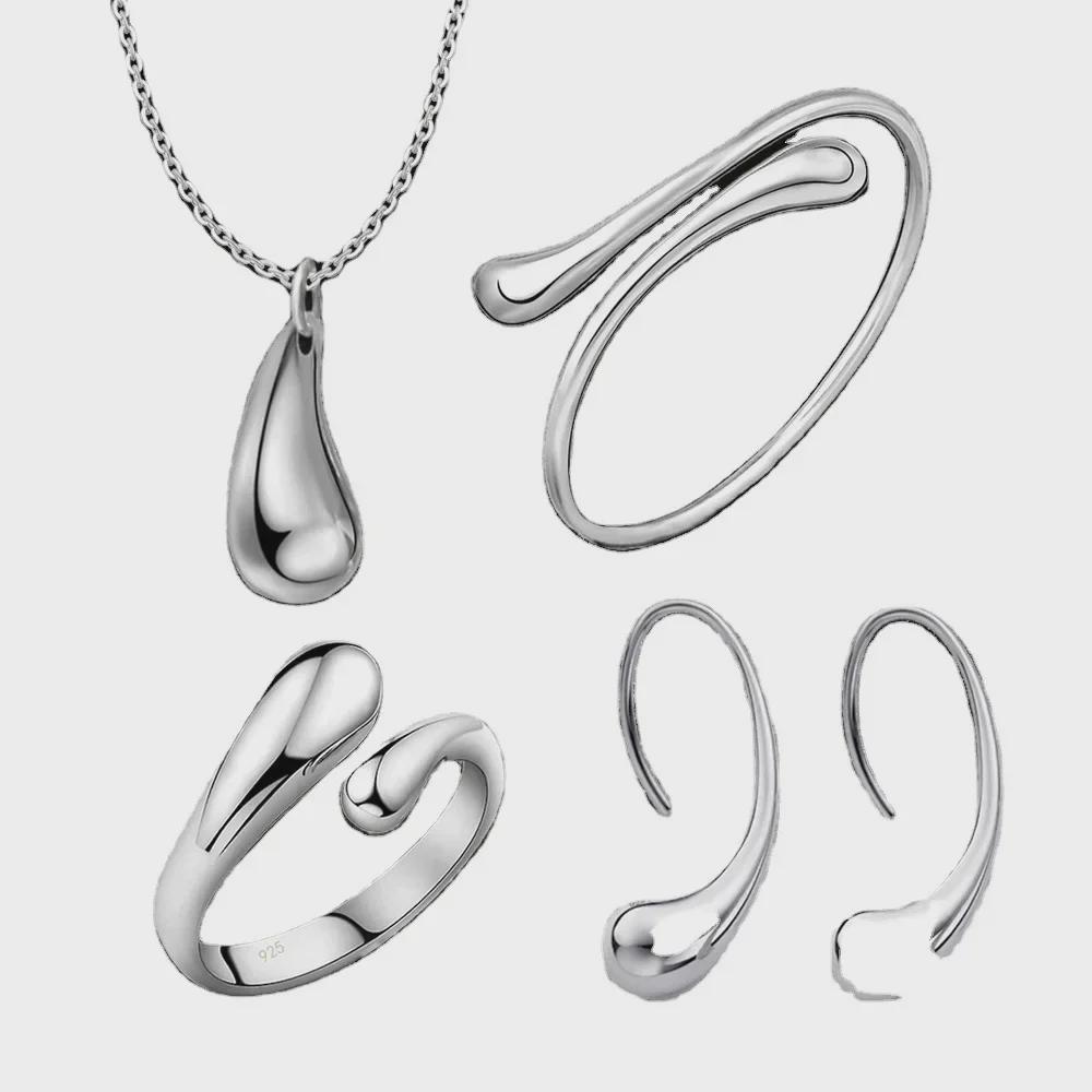 Elegant Retro Silver Jewelry Set: Teardrop Earrings, Wide Bracelet, Necklace, Ring, Oval Earrings for Women.