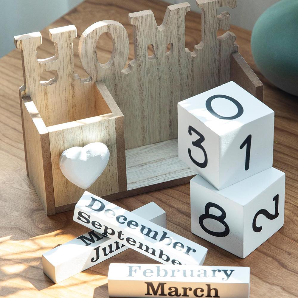 Wooden Home Perpetual Calendar with Pen Holder Block Perpetual for Home Office Desk Organizer Decoration
