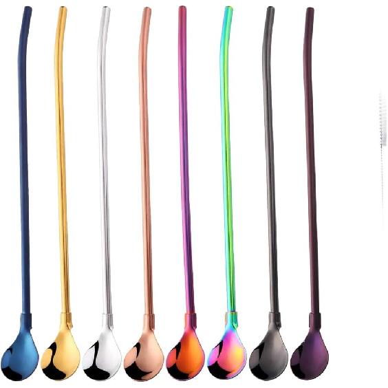 8 PCS Spoon Straws Drinking Spoon for Frozen Drink, Milkshake, Smoothies, Ice Cream Sundaes with 2 Cleaner
