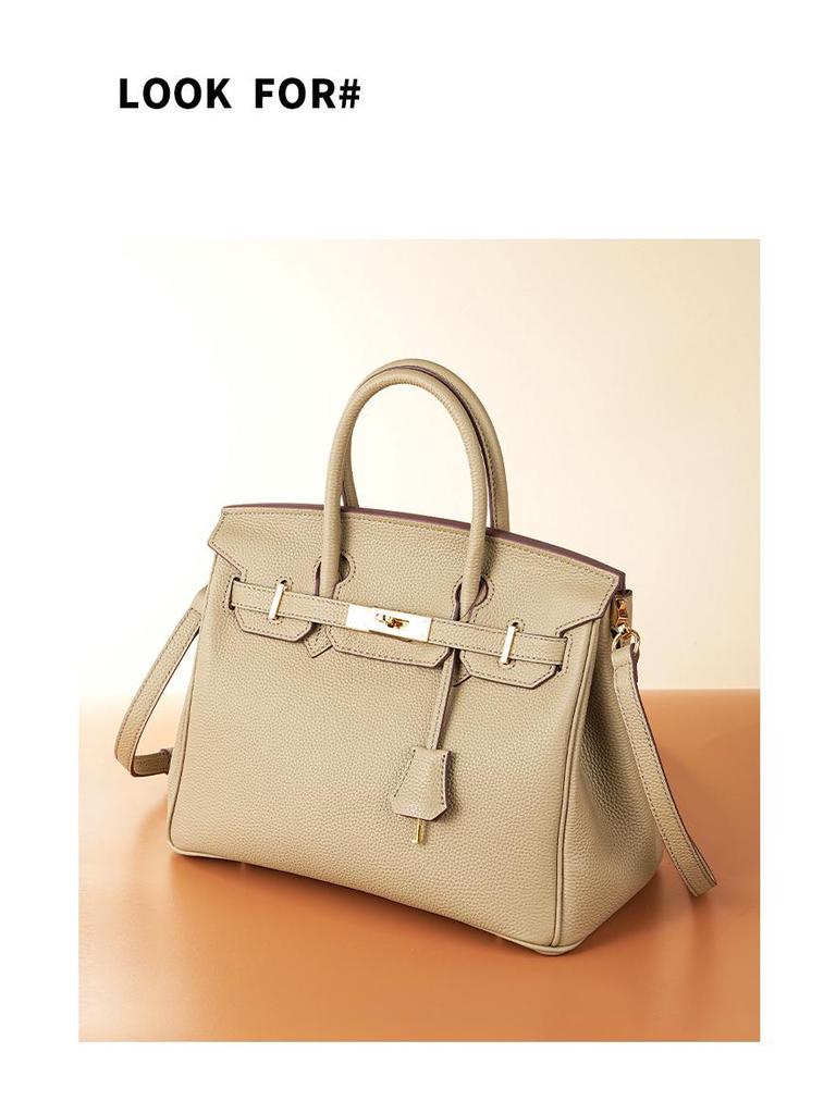 Wax Thread Lychee Grain Cowhide Leather Handbag with Lock Buckle - Women's Platinum Grade Purse