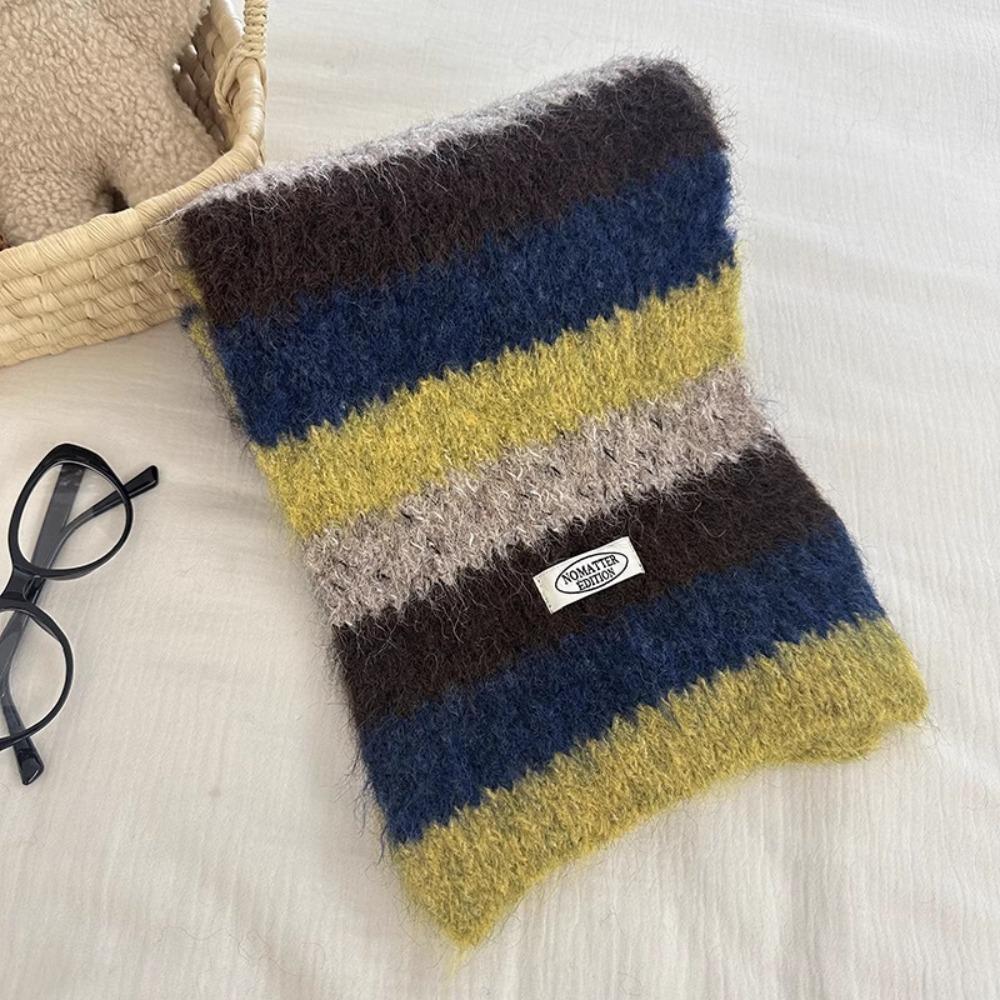 Preppy Style Stripe Scarf Plush Knitted Shawl Simple Plaid Wool Scarf  Girl