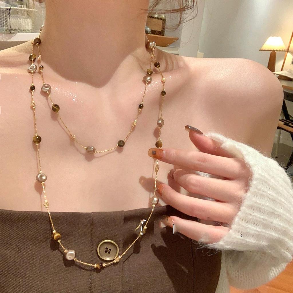 Maillard Tiger Eye Pearl Double Layer Retro Necklace - Versatile Autumn/Winter Sweater Chain