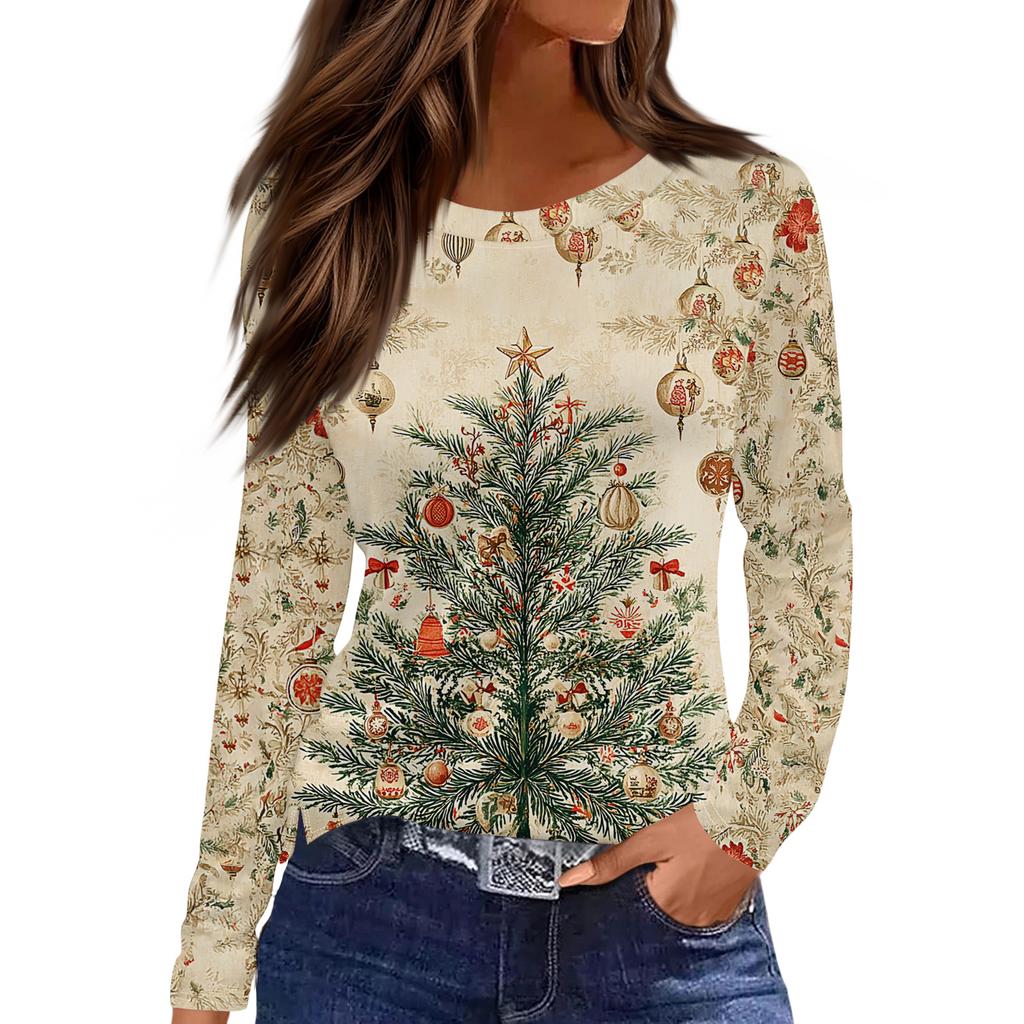 Women's Fashion Casual Slit Hem Round Neck Long Sleeve Loose Christmas Printed T-Shirt Ladies Top
