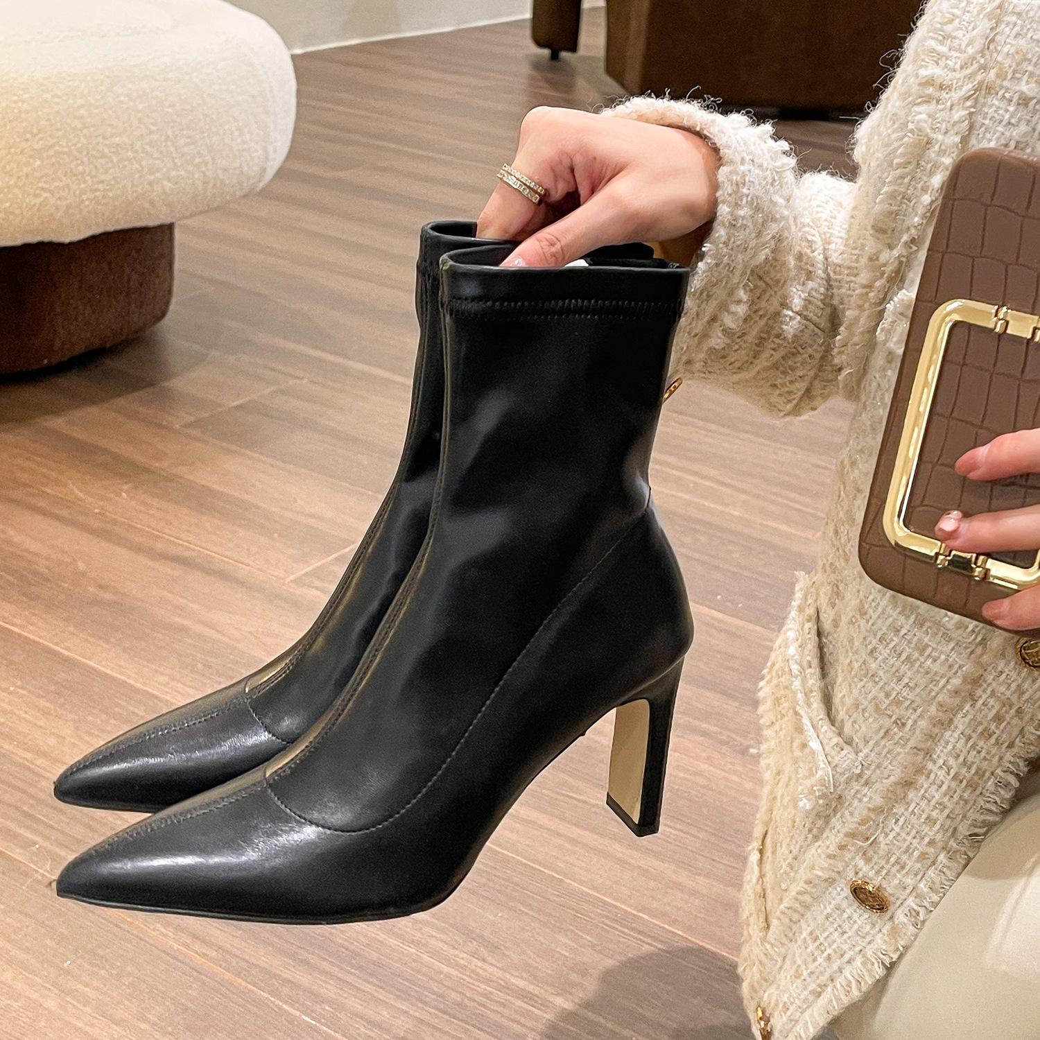 

Shangsi, gentle and advanced sense pointed head high heel thin leg boots women s soft leather thin short boots women s spring and autumn single boots 39 чорний