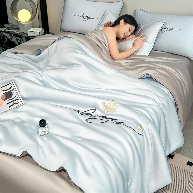 Class A Ice Silk Summer Quilt Set - Cooling, Water Washable, Embroidered, Air Conditioning Friendly, Thin Quilt for Naked Sleep
