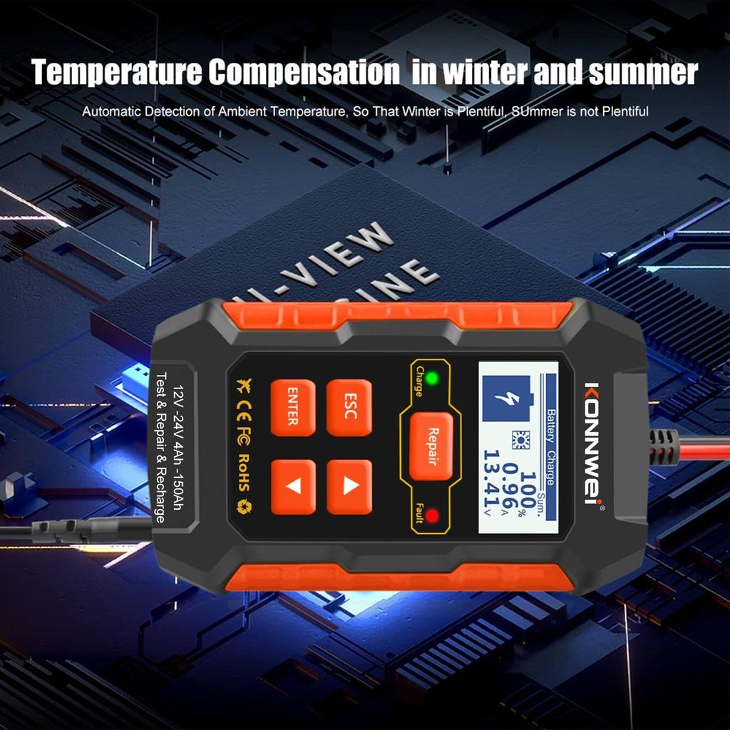 KONNWEI KW520 Helautomatisk 12V-24V Bilbatteritester Pulsreparasjon 10A batteriladere Våttørr AGM Gel Blysyre Bilreparasjonsverktøy